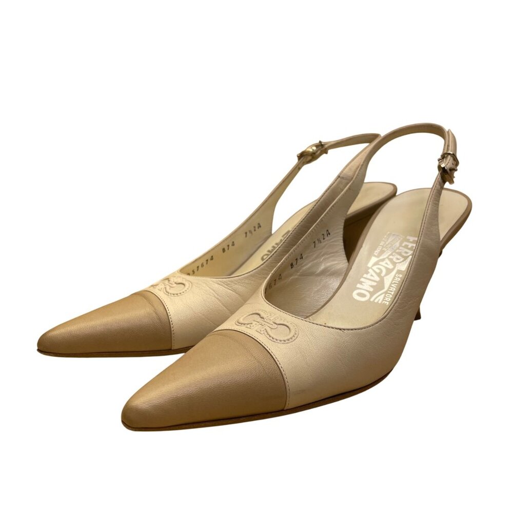 Salvatore Ferragamo Women’s White Leather Slingback Magnolia Carisa Heels 7.5 - Picture 3 of 11
